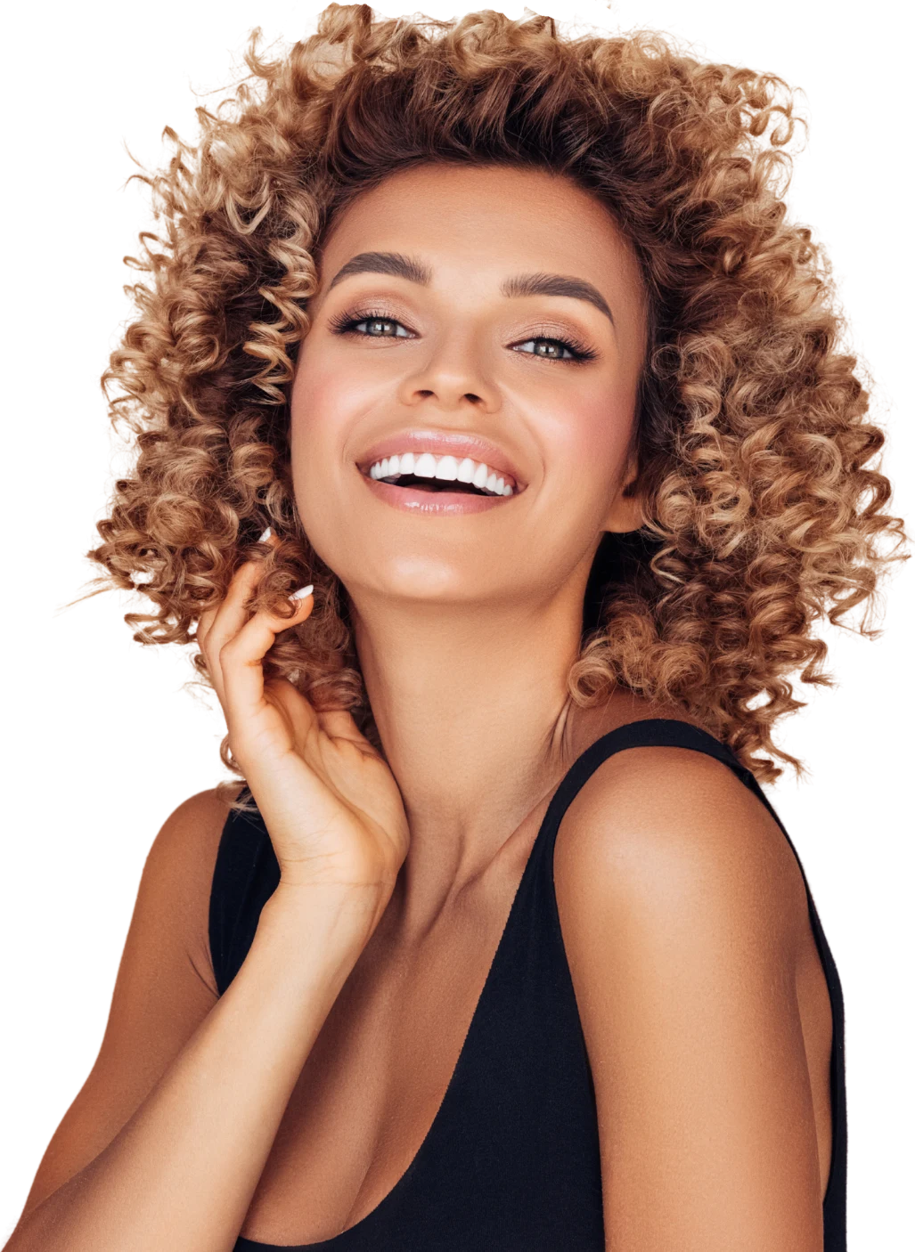 Smiling woman with defined, bouncy curls